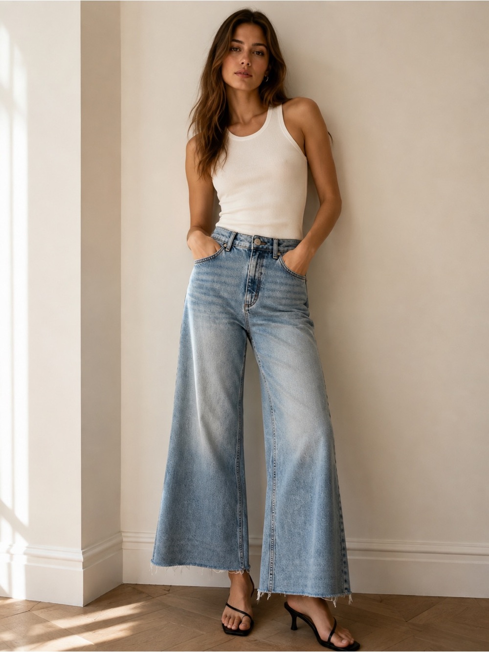 Sandro Size 38 (6/8) High-Rise Wide Leg Light Blue Jeans Raw Hem
